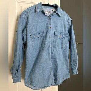 Vintage Denim Button Down Long Sleeve Top 100% Cotton Blue Jean Shirt Small